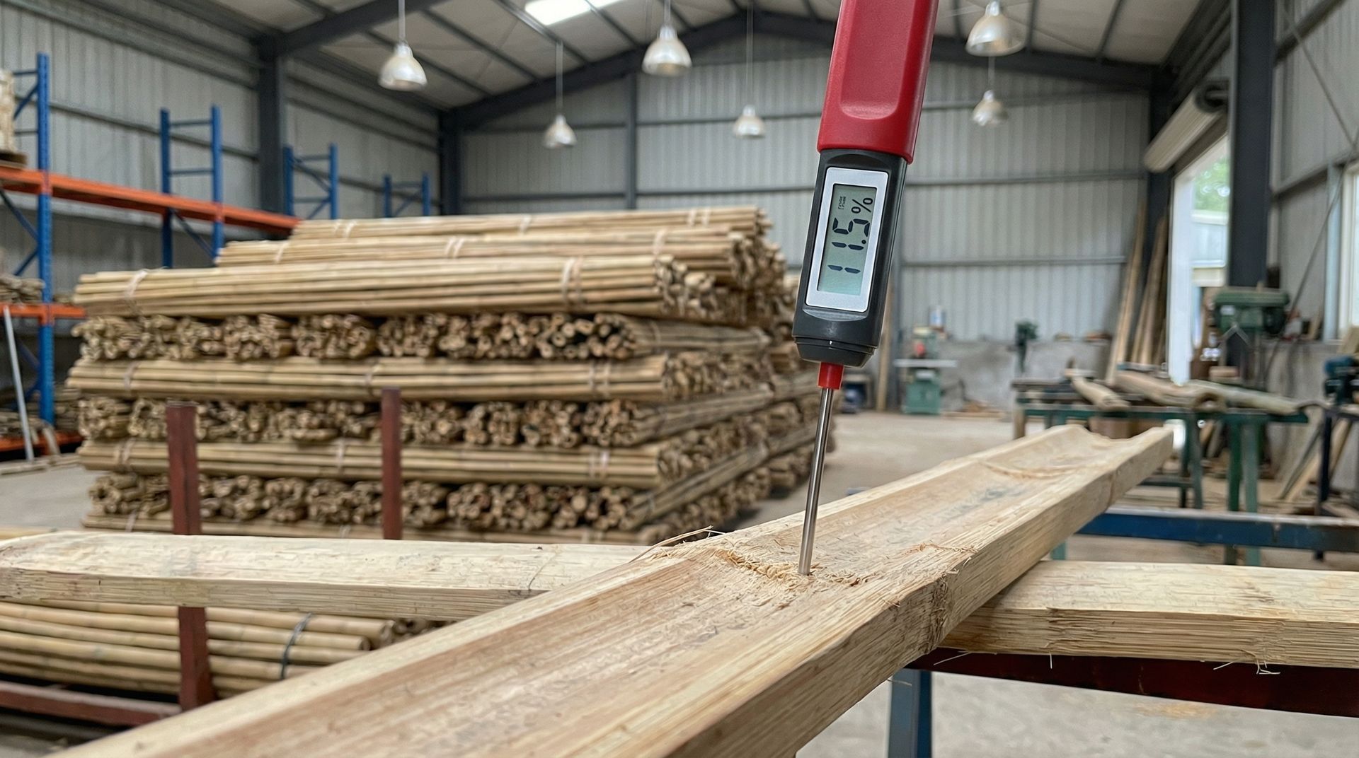 Digital moisture meter probe inserted into raw bamboo slat showing 11.5% reading in a factory setting