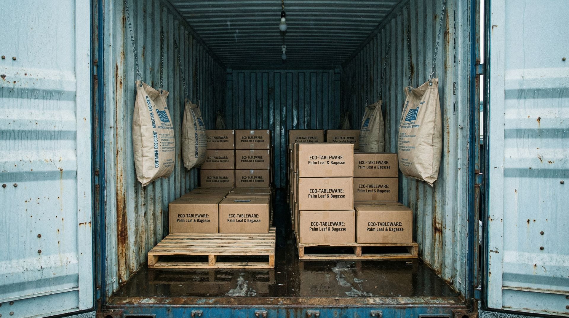 Interior of a shipping container with industrial desiccant bags hanging from walls to prevent moisture damage