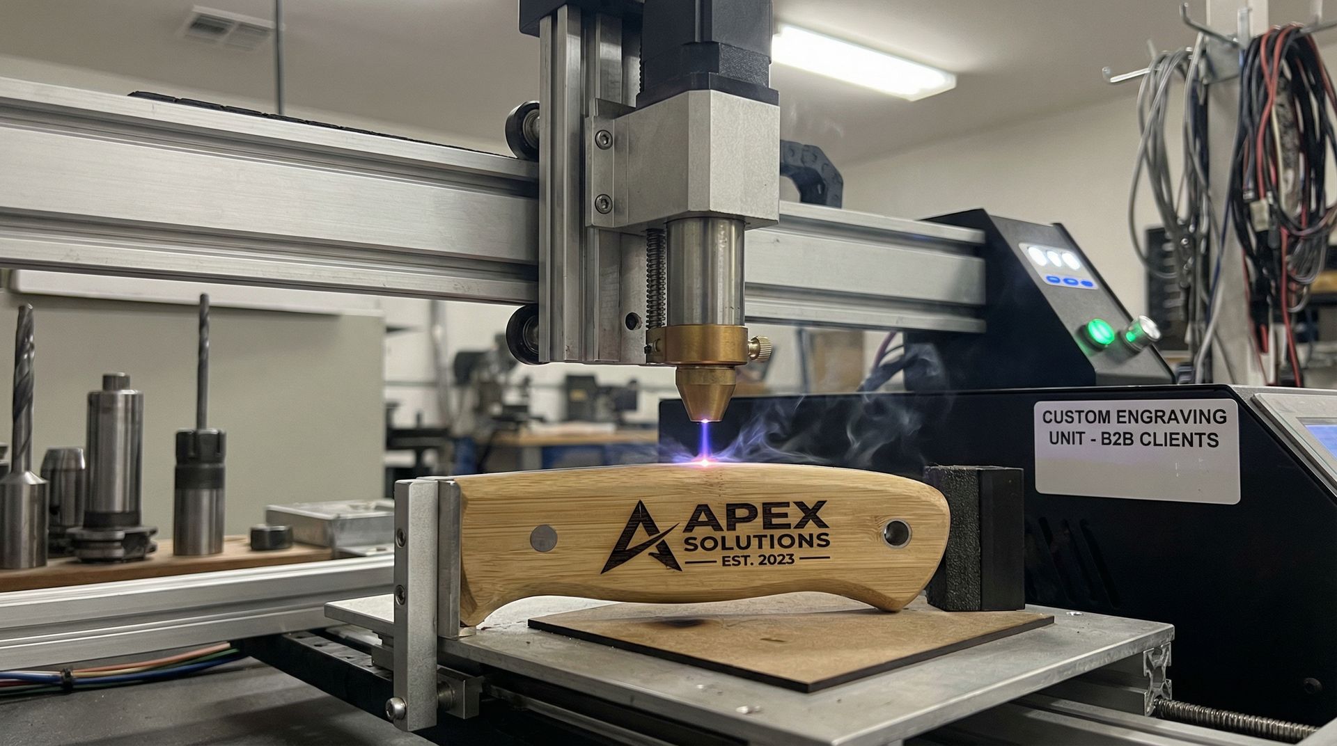 Laser engraving machine etching corporate logo onto bamboo cutlery handle
