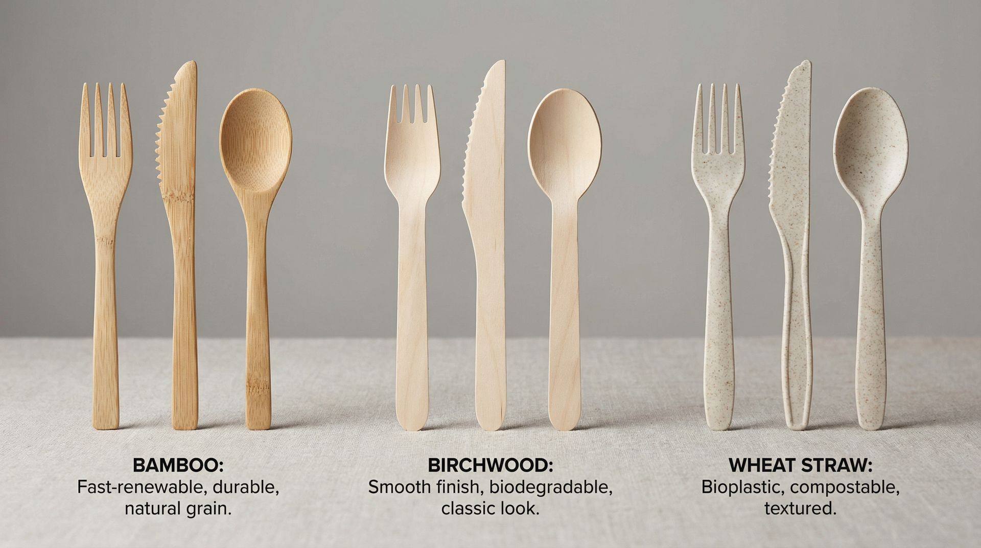 Comparison of Bamboo, Birchwood, and Wheat Straw cutlery materials side-by-side