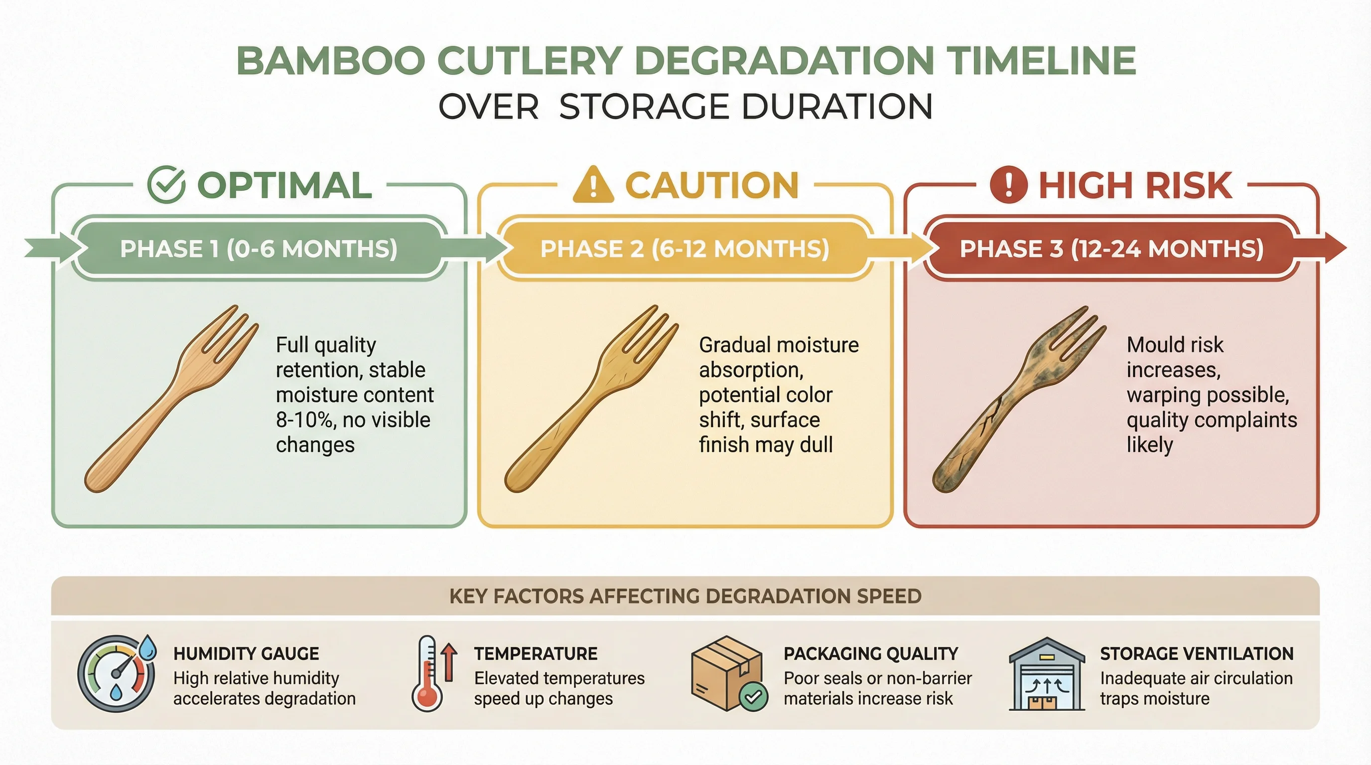 Timeline showing how bamboo cutlery quality changes over storage duration, from optimal condition at 0-6 months through gradual degradation at 6-12 months to potential quality issues at 12-24 months