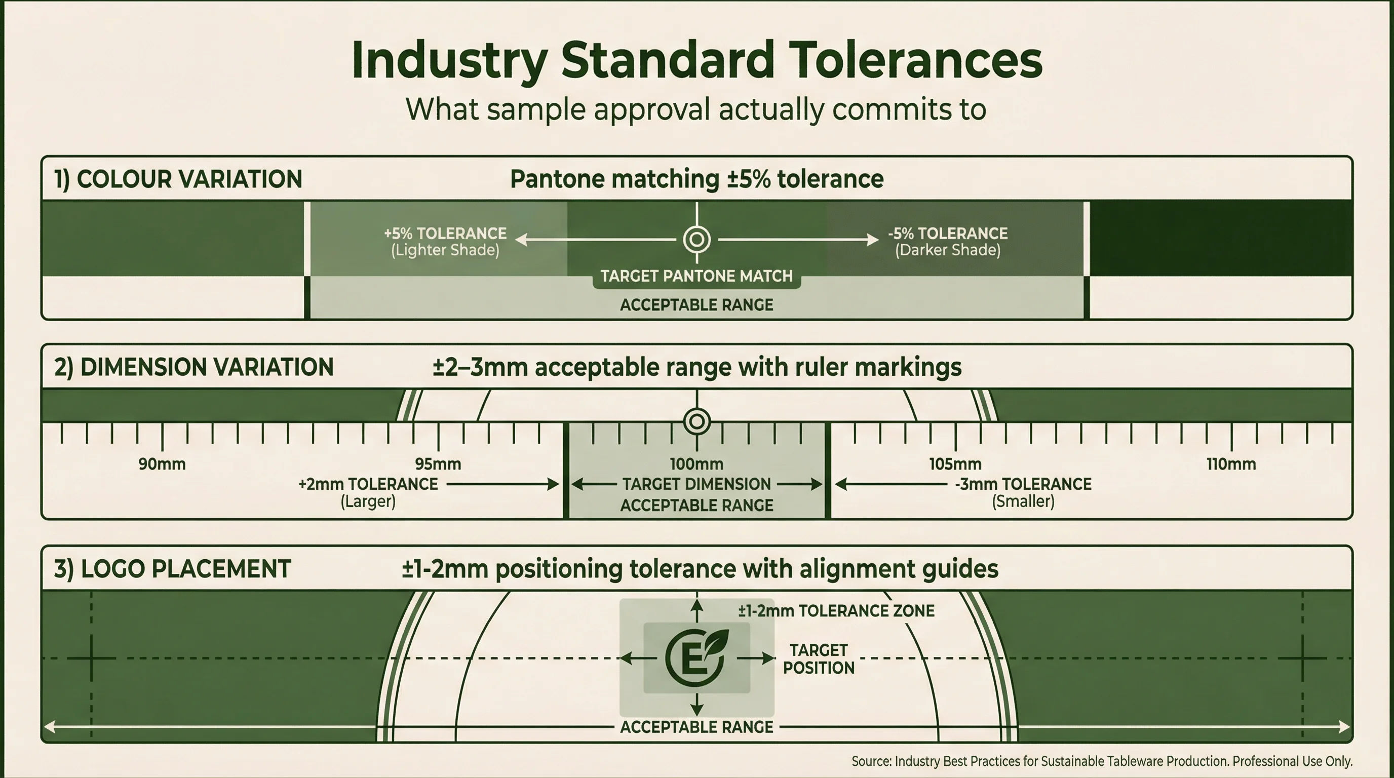 Industry standard tolerance ranges for colour variation, dimension variation, and logo placement in sustainable tableware production
