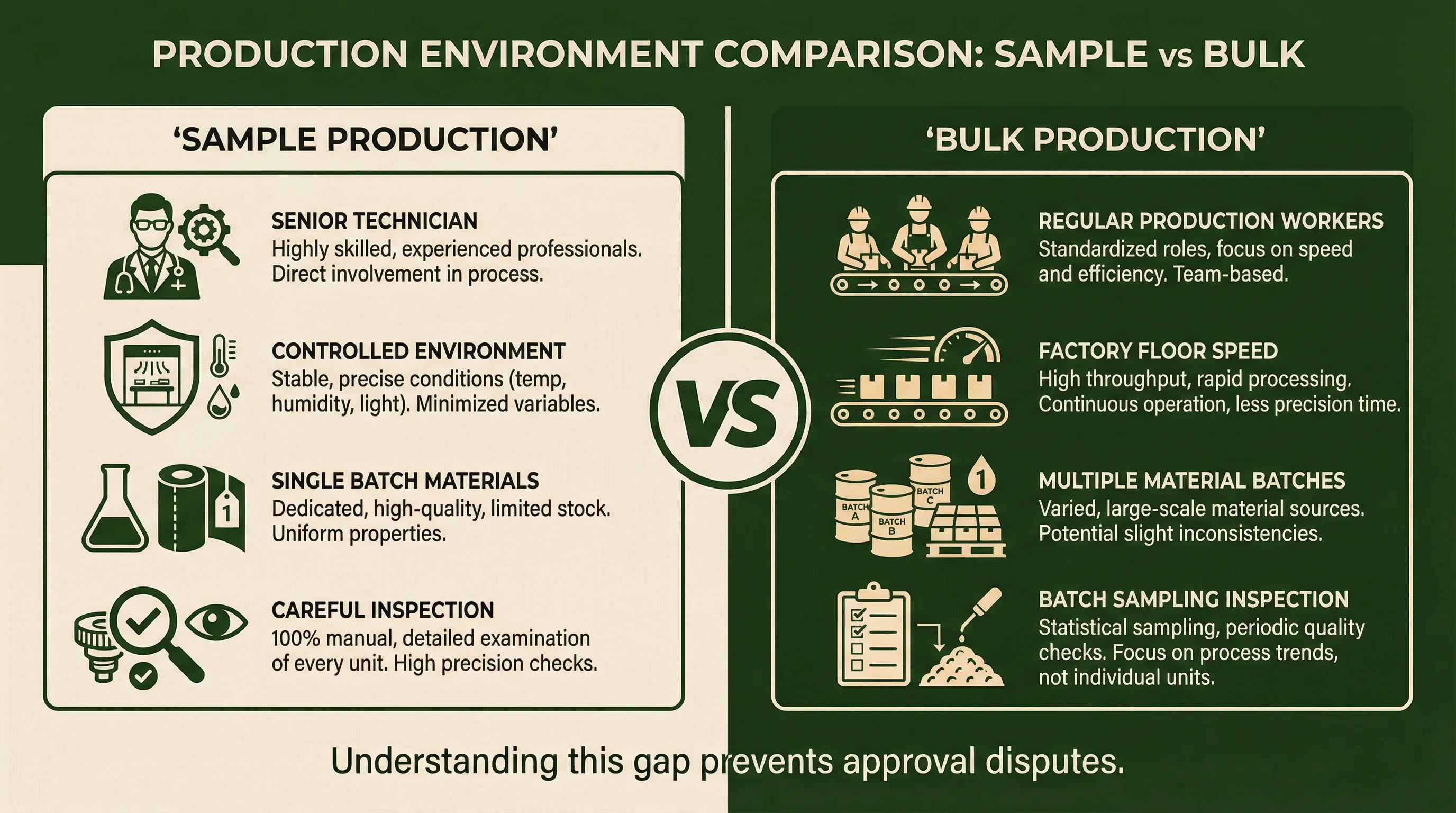 Comparison diagram showing the differences between sample production environment and bulk production environment in sustainable tableware manufacturing